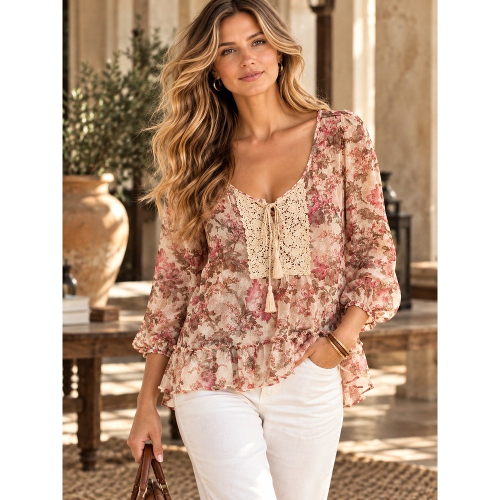 Denim & Supply Ralph Lauren Floral Lace Peasant Top Crochet Tassel Boho Pink M